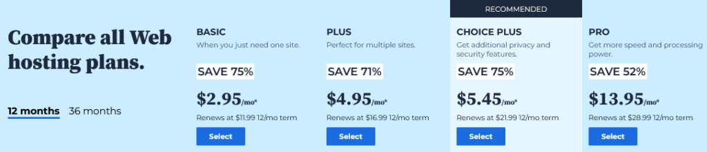 Bluehost vs SiteGround : Bluehost Pricing